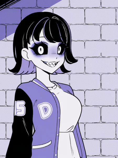 1girl, monochrome, purple theme,
black hair, medium hair, two tone hair, purple hair,
standing, upper body, brick wall,
looking at viewer, sharp teeth, black sclera, black eyes,
white t-shirt, varsity jacket,