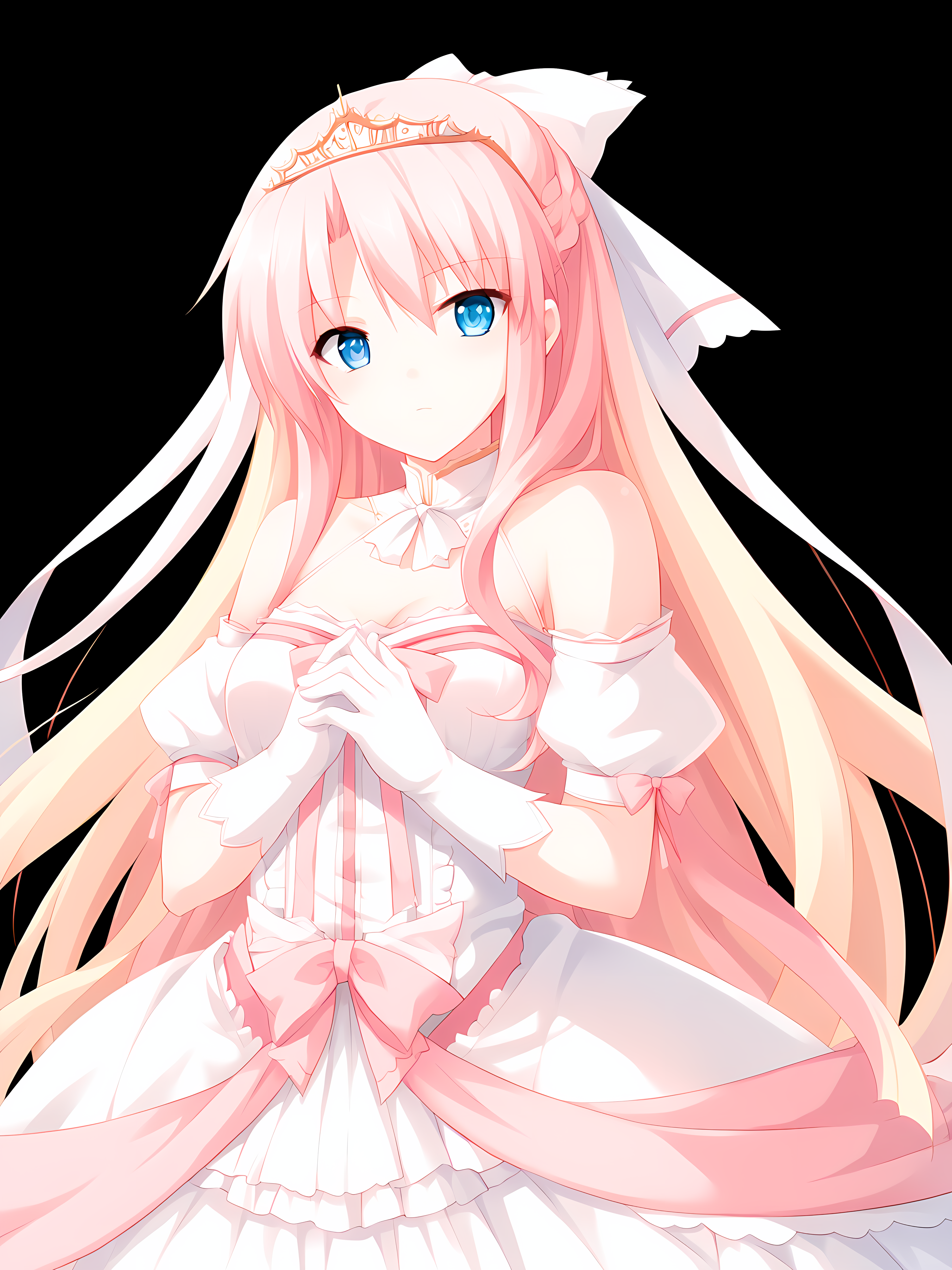eushully,margireta,1girl,solo,long hair,dress,blue eyes,gloves,blonde hair,very long hair,black background,simple background,bow,bare shoulders,white gloves,pink hair,tiara,hair ribbon,<lora:Madou_Koukaku_-_Eushully:1>,, score_9, score_8_up, score_7_up,source_anime,(masterpiece),(best quality),(ultra-detailed),(best illustration),(best shadow),(absurdres),(detailed background),(very aesthetic),source_anime