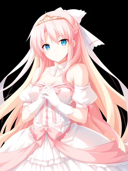 eushully,margireta,1girl,solo,long hair,dress,blue eyes,gloves,blonde hair,very long hair,black background,simple background,bow,bare shoulders,white gloves,pink hair,tiara,hair ribbon,<lora:Madou_Koukaku_-_Eushully:1>,, score_9, score_8_up, score_7_up,source_anime,(masterpiece),(best quality),(ultra-detailed),(best illustration),(best shadow),(absurdres),(detailed background),(very aesthetic),source_anime