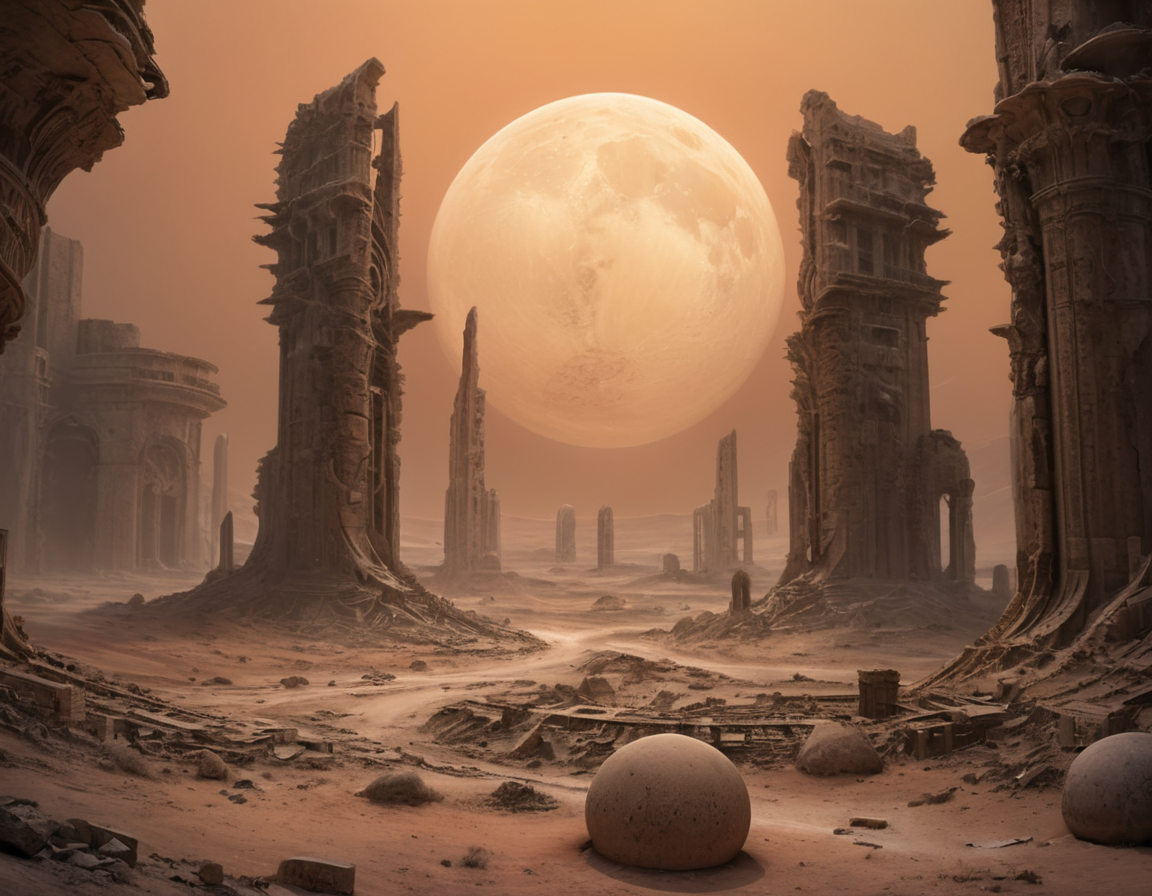 Beneath the eerie glow of twin moons, the ruins of what was once a bustling metropolis stretched endlessly across the arid landscape, their shattered walls resembling a colossal sculpture garden sculpted by time and erosion, b3ks1n