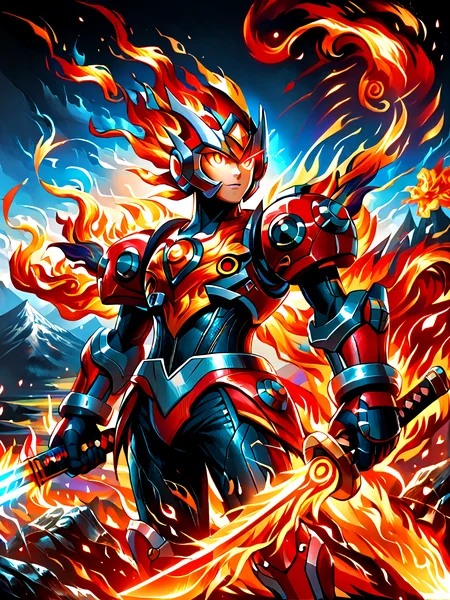 (zPDXL2), source_anime, rating_safe, good_hands, Ignis, the Fire Elemental, spirit, natural colors, fiery hair, glowing eyes, flame body, ember skin, fire magic, red eyes, hot temperature aura, flame, detailed background, outdoors, volcano, fire, burning, melting, monster, league of legends style, phoenix, DonMF1r33l3XL, <lora:score9DoraForPony_v20:1>, <lora:SDXLFaeTastic2400:0.4>, <lora:pony_good_hands:1>, <lora:LeagueOfLegendsV4:0.2>, <lora:DonMF1r33l3XL-pony:1.3>, <lora:MJ52:1>, <lora:add-detail-xl:0.4>,detailed_background,indoors,standing,holding,energy sword,red armor,holding weapon,1boy,red helmet,helmet,male focus,black eyes,holding sword,z saber,hi-go!,floating hair,armor,mega man \(series\),cowboy shot,zero\(z\) \(mega man\),sword,zero \(mega man\),hashtag-only commentary,forehead jewel,teeth,mega man zero \(series\),solo,weapon,highres,absurdres
