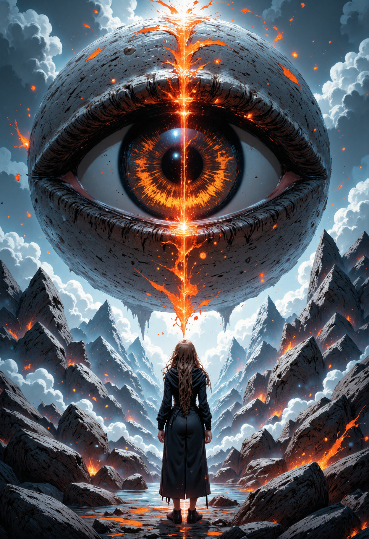 In this breathtaking, surreal image, a lone figure stands at the edge of a mist-shrouded shore, gazing up at an enormous, cyclopean eye. The eye, a mesmerizing blend of ancient, weathered stone and fiery, molten lava, dominates the scene, its pupil a vertical slit of deep, burning orange. The eye's surface is textured, like the rough, cracked skin of a reptile, and its iris shimmers with an otherworldly, iridescent glow.  The figure, a woman with long, flowing hair and a dark, hooded cloak, stands with her back to the viewer, her slender form silhouetted against the eerie, misty atmosphere. Her cloak billows behind her, its hem tangled in the rocky shoreline. As she stands there, transfixed by the eye's hypnotic power, the mist swirls around her, like a living entity, its tendrils curling around her ankles like ethereal tentacles.  The lighting is dim, with the eye's fiery core casting an eerie, golden glow over the surrounding landscape. The style is reminiscent of a fantastical, dreamlike illustration, with the eye's texture and the woman's flowing cloak evoking a sense of mythic, ancient power. The camera angle is low, looking up at the woman and the eye from a shallow, 45-degree angle, emphasizing the eye's enormity and the woman's tiny, insignificant presence in its presence.<lora:CustomFlux/MysticComic.safetensors:1.0:1.0>