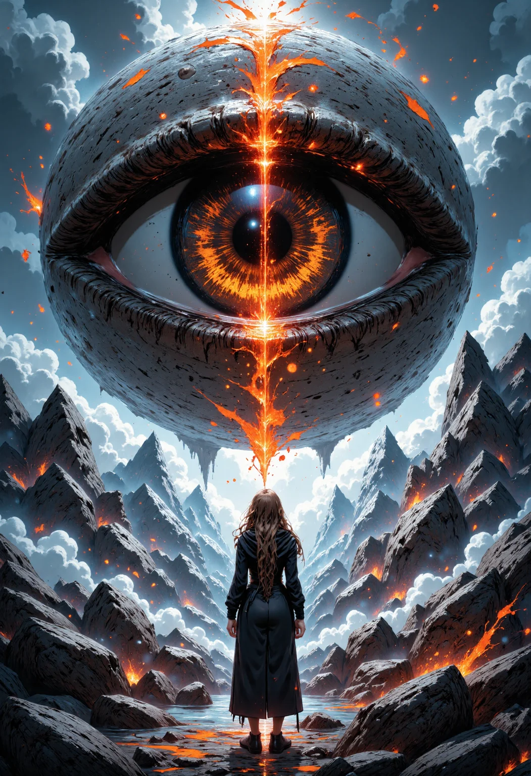 In this breathtaking, surreal image, a lone figure stands at the edge of a mist-shrouded shore, gazing up at an enormous, cyclopean eye. The eye, a mesmerizing blend of ancient, weathered stone and fiery, molten lava, dominates the scene, its pupil a vertical slit of deep, burning orange. The eye's surface is textured, like the rough, cracked skin of a reptile, and its iris shimmers with an otherworldly, iridescent glow. The figure, a woman with long, flowing hair and a dark, hooded cloak, stands with her back to the viewer, her slender form silhouetted against the eerie, misty atmosphere. Her cloak billows behind her, its hem tangled in the rocky shoreline. As she stands there, transfixed by the eye's hypnotic power, the mist swirls around her, like a living entity, its tendrils curling around her ankles like ethereal tentacles. The lighting is dim, with the eye's fiery core casting an eerie, golden glow over the surrounding landscape. The style is reminiscent of a fantastical, dreamlike illustration, with the eye's texture and the woman's flowing cloak evoking a sense of mythic, ancient power. The camera angle is low, looking up at the woman and the eye from a shallow, 45-degree angle, emphasizing the eye's enormity and the woman's tiny, insignificant presence in its presence.<lora:CustomFlux/MysticComic.safetensors:1.0:1.0>