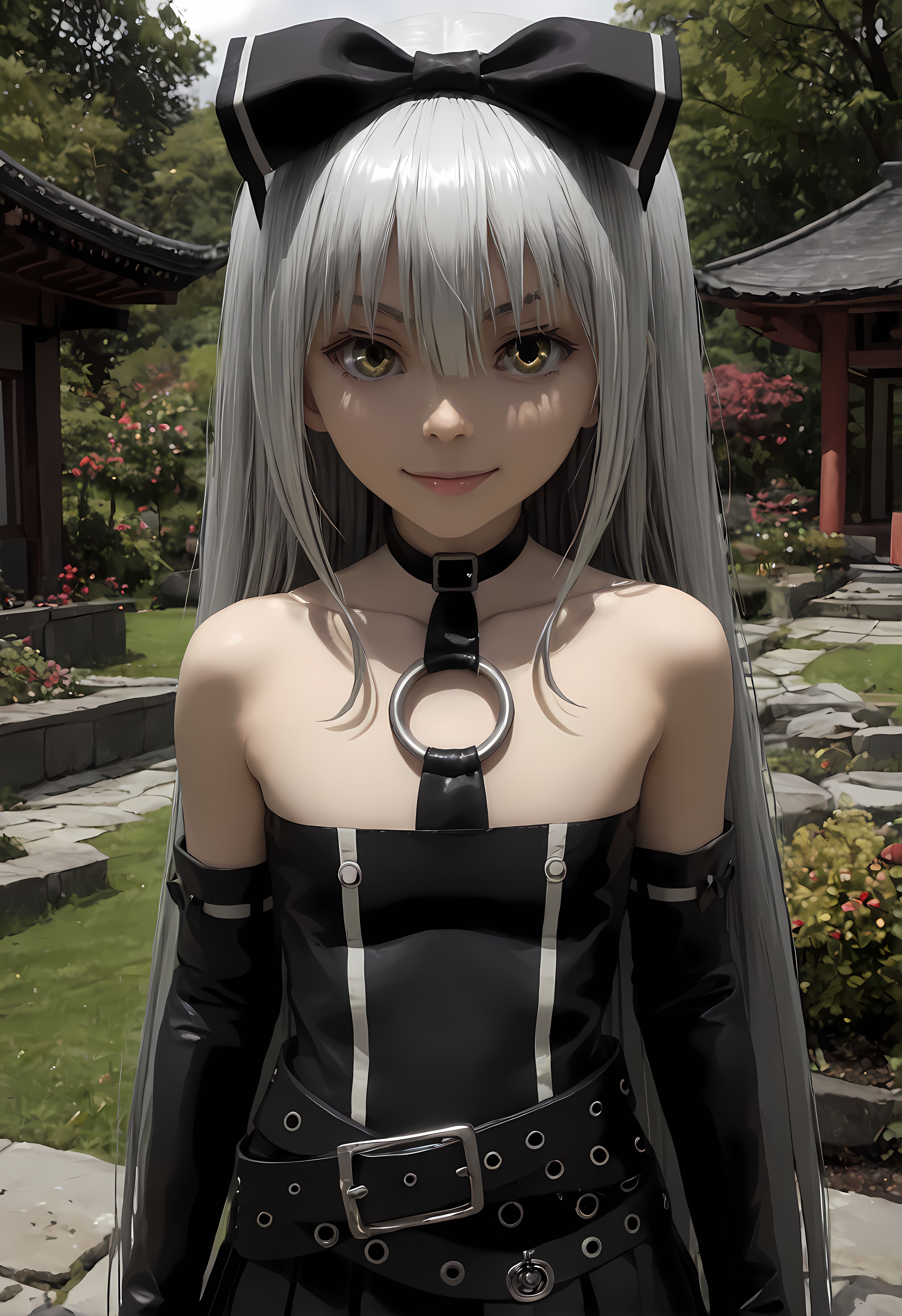 score_9, score_8_up, score_7_up,looking at viewer, shiny skin, upper body, light smile, petite,ohwx, grey_hair, long_hair, yellow_eyes, collarbone, very_long_hair, grey_eyes, hair_between_eyes, white_hair, short_hair, flat_chest, breasts,bare_shoulders, choker, bow, hair_bow, collar, ribbon, dress, skirt, black_bow, belt, black_dress, hair_ribbon, pantyhose, cosplay, gloves, elbow_gloves, black_pantyhose, hairband, thighhighs, shoes, necktie, pleated_skirt, o-ring, gothic_lolita, Japanese rock garden at night, moonlight illuminating stones, tranquil and mystical atmosphere,<lora:sora_pony_sobsynapse-000003:0.9>