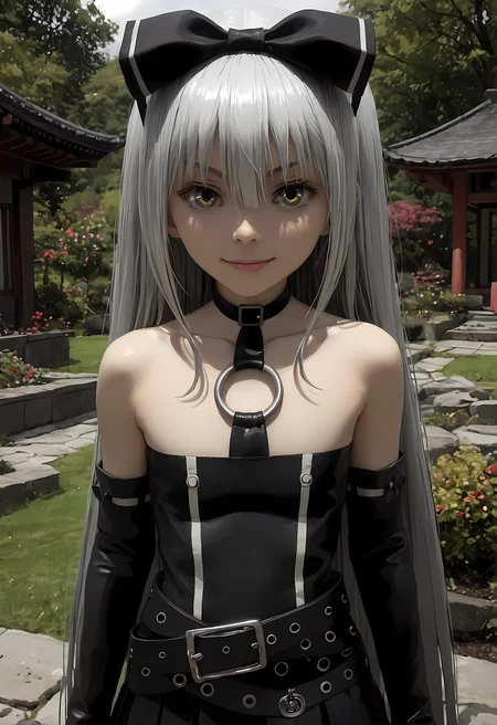 score_9, score_8_up, score_7_up,looking at viewer, shiny skin, upper body, light smile, petite,ohwx, grey_hair, long_hair, yellow_eyes, collarbone, very_long_hair, grey_eyes, hair_between_eyes, white_hair, short_hair, flat_chest, breasts,bare_shoulders, choker, bow, hair_bow, collar, ribbon, dress, skirt, black_bow, belt, black_dress, hair_ribbon, pantyhose, cosplay, gloves, elbow_gloves, black_pantyhose, hairband, thighhighs, shoes, necktie, pleated_skirt, o-ring, gothic_lolita, Japanese rock garden at night, moonlight illuminating stones, tranquil and mystical atmosphere,<lora:sora_pony_sobsynapse-000003:0.9>