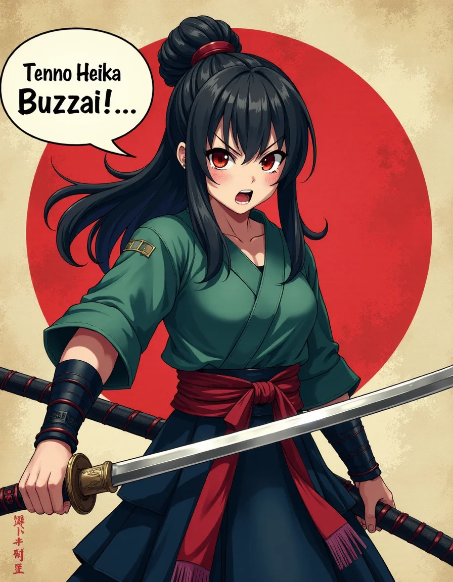 Samurai Girl holding katana ,with a speech bubble on it that says " Tenno Heika Buzzai !", serious looking,screaming, old japanese flag on background