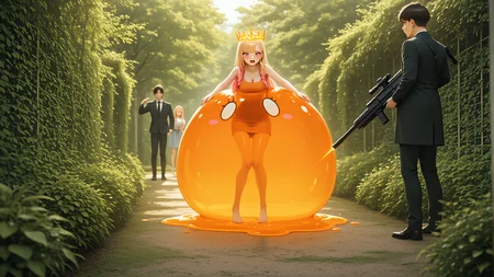 amazing quality, blurry foreground, very aesthetic, Foursome with Corner Swap, ray_tracing, 2boys, tsundere, absolutely eye-catching, 1girl, BREAK, Zoom Blur, long_nails, Overgrown garden path in backyard., depth of field, medium breasts, motion_blur:1.1, Marin Kitagawa, light skin, HDR, cowboy shot, BREAK, slime_(creature), Holographic hair, dress_shoes, nail_polish, long hair, ambient occlusion, masterpiece, anime character, best quality, barefoot, Electric Orange Theme, 8K, motion_lines:1.1, ultra-detailed, absurdres, colossal laser rifle, newest, Intricate braided crown, overcoat, trousers, fox_girl, formal_shirt