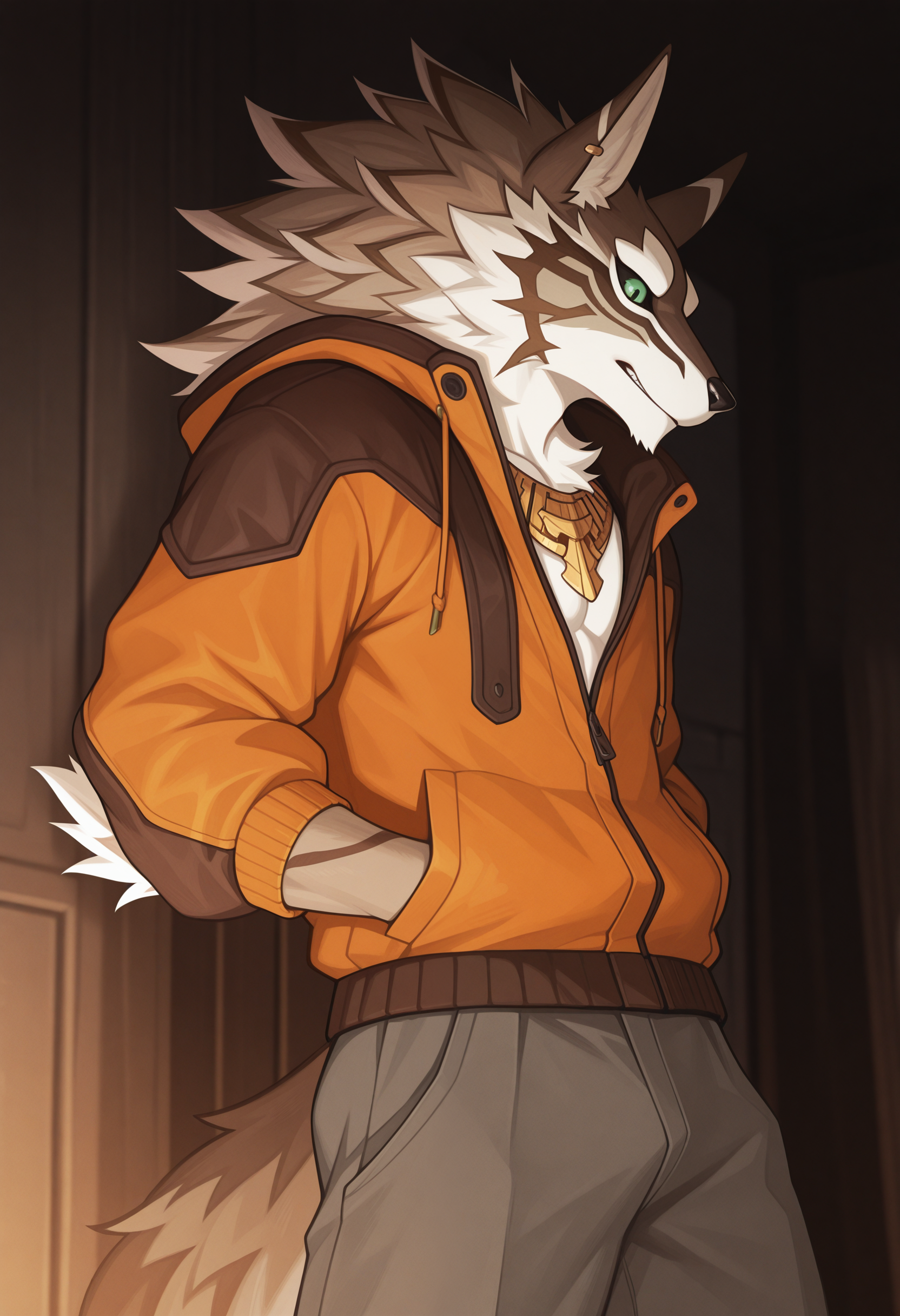 masterpiece, best quality, amazing quality, solo, 1boy, SethTas, orange jacket, grey pants, necklace