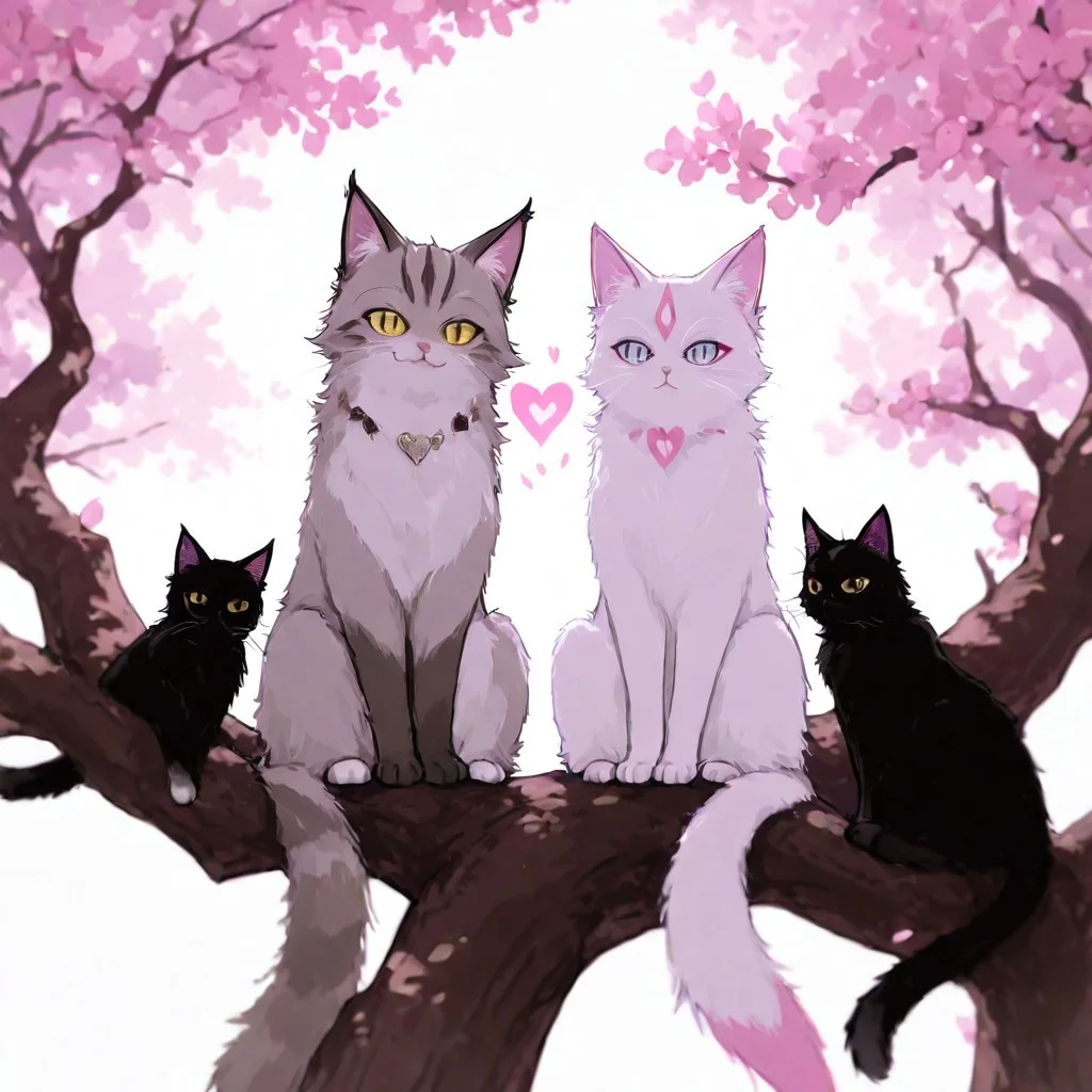 A monochromatic, black-and-white photograph of two cats sitting on a tree branch, facing each other in an intimate and harmonious pose. The left cat is black, while the right cat is white, creating a striking contrast. They are surrounded by delicate, blooming branches with small flowers, adding a serene and romantic atmosphere. The background is softly blurred, focusing the viewer's attention on the cats and their interaction. The lighting is soft, emphasizing the texture of their fur and the gentle ambiance of the scene.
<lora:Anime v1.3:1.2> <lora:Blue_Future:0.9> <lora:Ethereal Brush Anime v2.0:0.6> <lora:It's a LoRA for portraits, BUT! actually specialized in backgrounds. v1.0:0.2>,pink heart in front of them, white sphere on the background