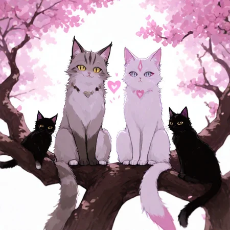 A monochromatic, black-and-white photograph of two cats sitting on a tree branch, facing each other in an intimate and harmonious pose. The left cat is black, while the right cat is white, creating a striking contrast. They are surrounded by delicate, blooming branches with small flowers, adding a serene and romantic atmosphere. The background is softly blurred, focusing the viewer's attention on the cats and their interaction. The lighting is soft, emphasizing the texture of their fur and the gentle ambiance of the scene.
<lora:Anime v1.3:1.2> <lora:Blue_Future:0.9> <lora:Ethereal Brush Anime v2.0:0.6> <lora:It's a LoRA for portraits, BUT! actually specialized in backgrounds. v1.0:0.2>,pink heart in front of them,  white sphere on the background