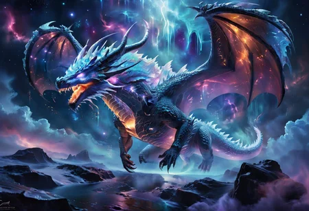 high quality, (furry white (exotic dragon)), (short hair dragon), (white sparkling fur), extremely detailed and beautiful fantasy dragon, a massive, (covered in soft, (downy fur)), with (enormous, nebula, bat-like wings) that (glimmered with ethereal starry quality), (nebula wings), translucent magical starry wings, glowing within, blue and white colors, beautiful vibrant vast (floating realm)), towering, cloud-capped peaks, (moon lit clouds) with (crystalline rivers and streams), sharp focus, intricate, (starry night sky), detailed illustration, beautiful color palette, incredible details, high contrast, high dynamic light, glowing magical moonlight, bioluminescent creature, intricately detailed, true masterpiece, dgbrth1, nebula, glowneon, glowing, sparks, lightning, an14, ghastly dragon, SyFyEye1, valley above clouds, syfyeye1, 1other, waves, pants, lens flare, <lora:SyFyEye1_XL_v1.0:1>