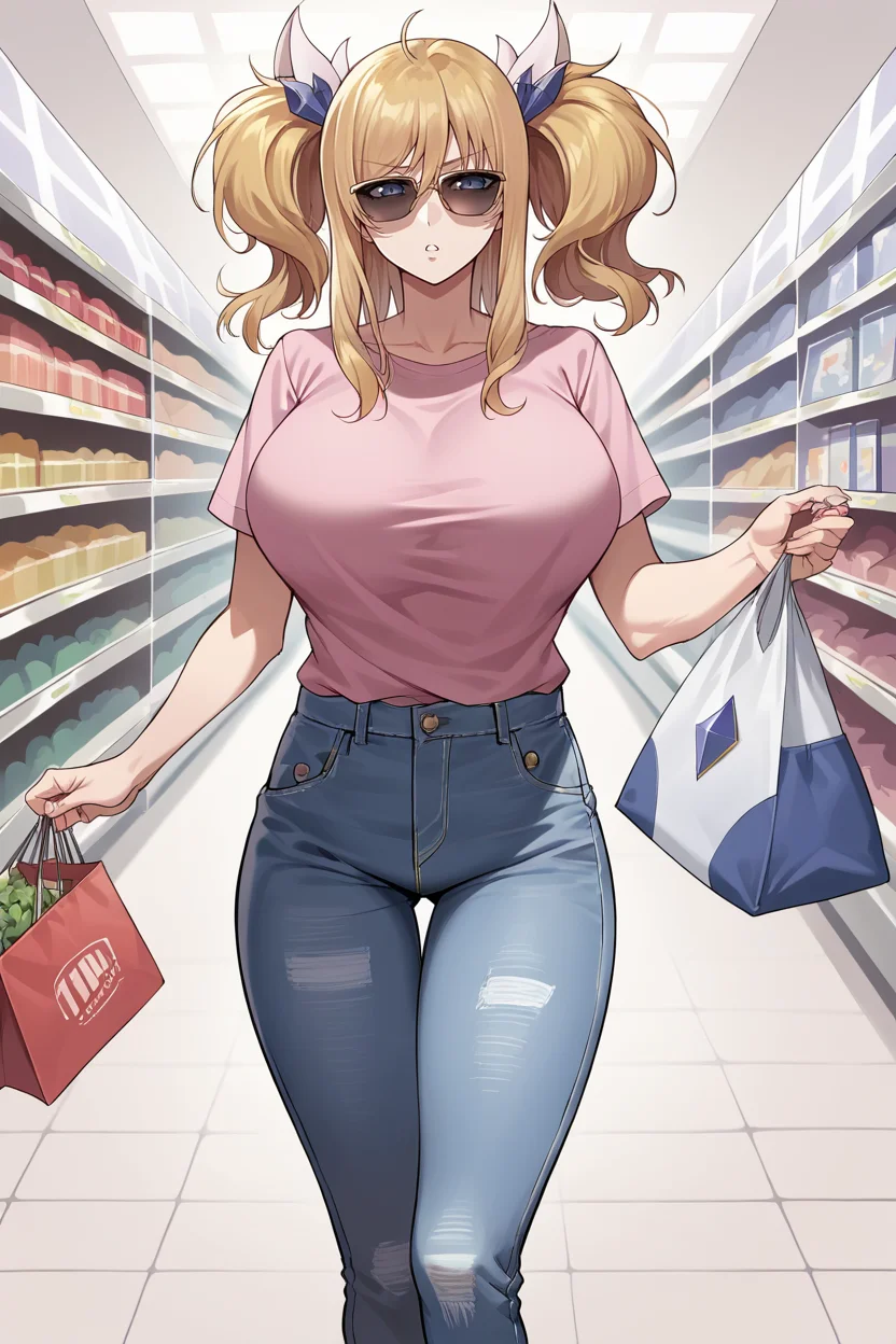 score_9, score_8_up, score_7_up, score_6_up, source_anime, BREAK 1girl, <lora:onizakikirara-pdxl-nvwls-v1-000006:1> onizaki kirara, blonde hair, twintails, hair ornament, pink t-shirt, large breasts, sunglasses, distressed jeans, shopping mall, looking at you,