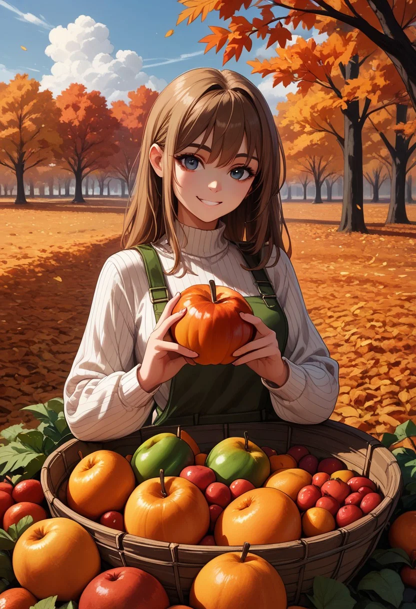 score_9,score_8_up, 1girl, autumn, fruits, light smile, looking at viewer