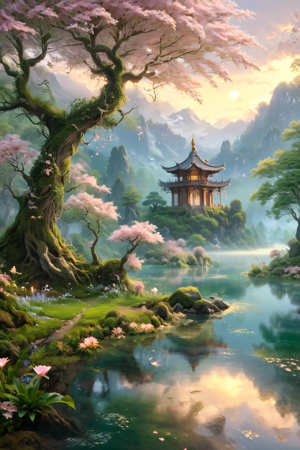 A serene, mystical scene featuring a tranquil lake with a gentle stream flowing into it. In the distance, an ancient temple stands atop a small hill, partially obscured by a gentle mist. A small boat floats quietly on the still lake, with a lone crane standing nearby, adding a touch of elegance to the scene. Cherry blossom trees in full bloom line the shore, their delicate pink petals creating a beautiful contrast against the lush greenery. Various flowers dot the landscape, enhancing the natural beauty. The setting is bathed in a soft, weak sunlight, casting a warm, ethereal glow over the entire scene. The overall atmosphere is one of peaceful solitude and natural beauty, capturing the essence of a hidden paradise.
<lora:ral-fntsyrlms-sdxl:0.8> ral-fntsyrlms,
<lora:xl_more_art-full_v1:0.8>,
<lora:WildcardX-XL-Detail-Enhancer:0.8>,
<lora:gorgoeus_splash_of_vibrant_paint:1.2> Gorgeous splash of vibrant paint,
