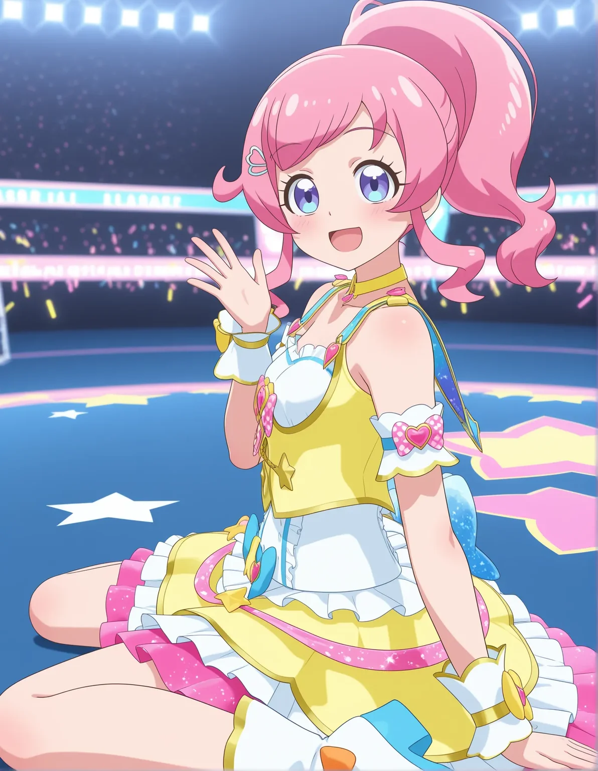 1girl, kiratto pri chan, 
solo, anime coloring, interest, wariza, (stage:1.3), (concert:1.3), dancing, half-closed eyes, idol clothes, momoyamamirai3d, 3d, pink hair, long hair, high ponytail, swept bangs, sidelocks, hairpin, blue eyes, small breasts, open mouth, sitting, glowstick, breast, blush, ponytail, blurry, looking at viewer, from side, indoors, hand up, smile, idol, star \(symbol\), stage lights, :d, sparkle,
best quality, very aesthetic, newest, masterpiece, absurdres, highres, anime screenshot, safe
 <lora:il-prichan-mirai1.0:1>