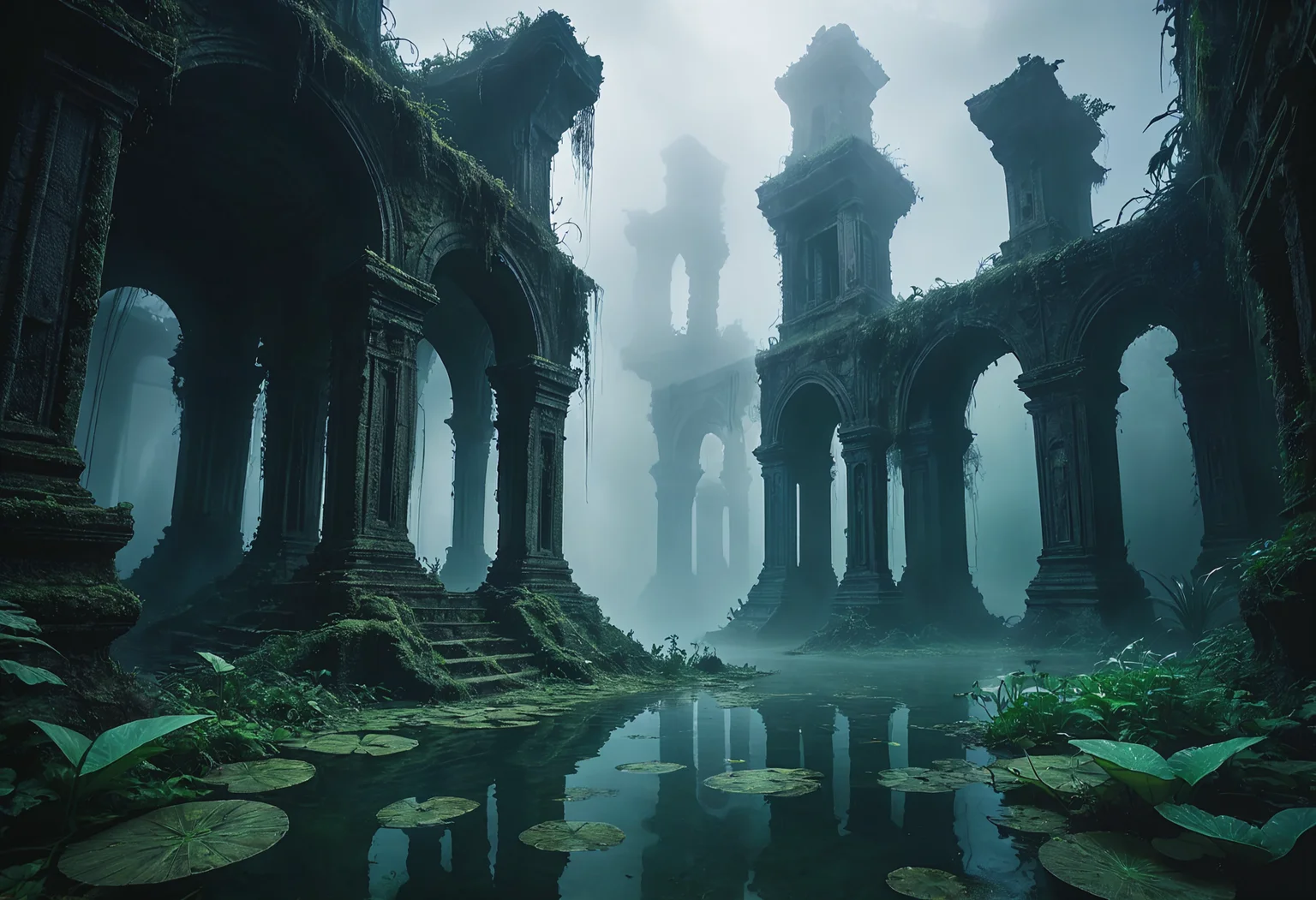 Taking place within overgrown ruins of an unknown civilization with mysterious formations partially submerged in the mist, its purpose unknown to time. The scene's ominous atmosphere is enhanced by gloomy light