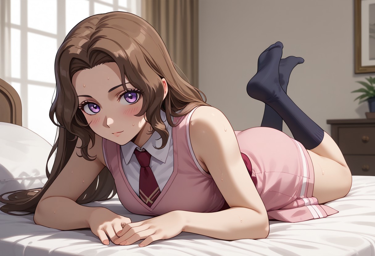 (score_9, score_8_up, score_7_up), 1girl, ng_deepnegative_v1_75t, Expressiveh, beautiful body, masterpiece, high quality, sexy, 
blushing, sweat, 
Nunnally Lamperouge, 1girl, long hair, brown hair, purple eyes, Ashford academy school uniform, necktie, school uniform, dress, socks, red necktie, kneehighs, pink dress, sleeveless dress, shirt, long sleeves, sleeveless
indoors, bed, looking at viewer, cute