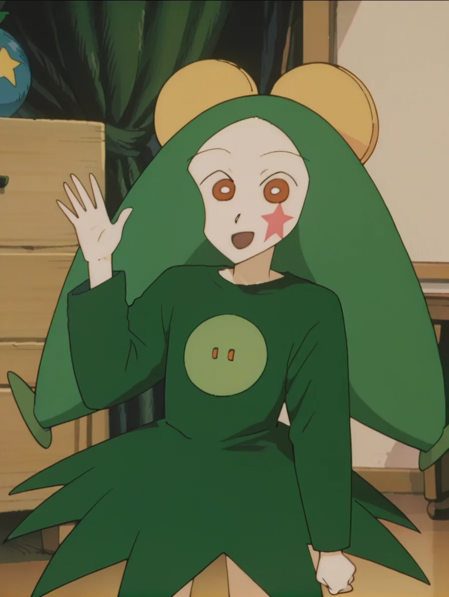 score_9, score_8_up, score_7_up, score_6_up, score_5_up, score_4_up,source_anime,anime screencap,uncensored,1girl,child,flat chested,BREAK
<lora:topema_v1:1> toppemampt, red eyes,green hair, colored skin, facepaint, green shirt, green dress,long sleeves,living room,looking at viewer, waving, upper body, smile, open mouth