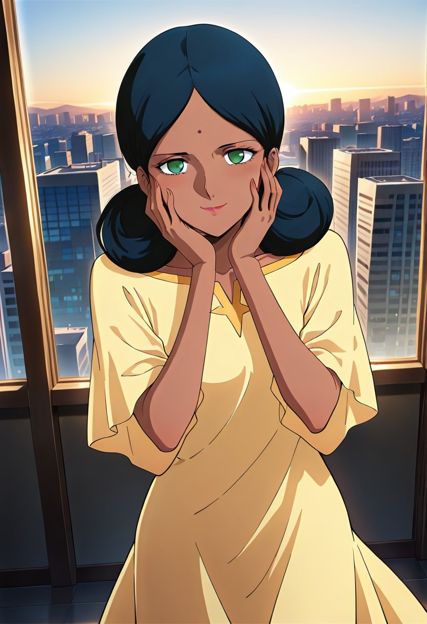 ((masterpiece, absurdres)), best quality, amazing quality, newest, 4k, anime coloring, very aesthetic, ray tracing, Smooth Quality, CG, source_anime,
city view,lalah, 1 female, dark skin, double bun hairstyle, blue hair, green eyes, red lips, forehead mark, yellow long dress,smile,hand on own face