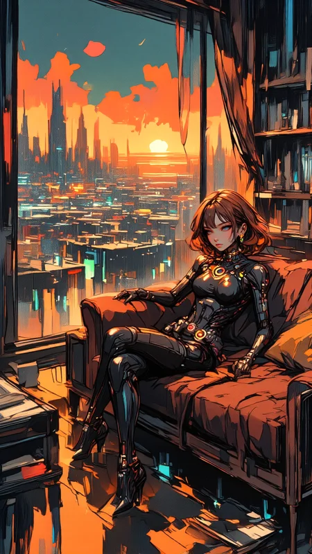 expressionist anime, bold brushstrokes, warm neon glow, cyberpunk aesthetics. A young woman lounges effortlessly in a sleek, futuristic living space, bathed in the deep amber and rich crimson hues of the city skyline beyond. The floor-to-ceiling windows frame a neon-drenched metropolis, its golden and fiery orange lights bleeding into the sky, reflecting off the rain-slicked glass. The furniture is luxurious yet minimalisticâhigh-gloss dark wood and deep burgundy cushions contrasting against the soft, ambient glow of hidden LED strips that cast a warm, honey-like hue across the room.  
She is a vision of cyberpunk elegance, her form crisp and detailed against the fluid, impressionistic backdrop. Her long auburn hair cascades in loose, layered waves, catching flickering golden highlights. Her eyes shimmer with soft, amber undertones, reflecting the warmth of the city lights, framed by subtle eyeliner that enhances their depth.  
She wears a form-fitting black leather suit, sculpted to perfection, its warm, glossy surface reflecting the golden and red neon hues of the city. The high-necked, zip-up bodysuit clings to her figure, accentuating every curve, while structured paneling along the torso and arms adds a futuristic, armored edge. Delicate copper seams trace the contours of her silhouette, illuminated by embedded micro-LED accents that pulse in warm, ember-like tones. The sleeves extend into seamless, fingerless leather gloves, blending utility with sleek refinement.  
Her lower half is encased in skintight, high-waisted leather leggings, the material merging flawlessly with knee-high, heeled boots made of the same lustrous, amber-toned leather, reinforced with metallic plating at the heels. A thin, golden utility belt cinches at her waist, holding a compact, high-tech device that emits a soft, amber glow. A cybernetic choker with a pulsating, sunset-hued ring rests at her collarbone, harmonizing with the gentle hum of the city beyond.  
She reclines against a plush, dark velvet couch in deep burgundy, one leg crossed elegantly over the other, fingers lightly resting on the armrest while her other hand hovers over a floating holo-interface. The atmosphere is thick with modern luxury and digital warmthâthe low hum of AI systems, the soft flicker of golden reflections shifting across the glossy floor, the muted sound of rain tapping against the window. The warm tones wrap around her like an embrace, blending technology with an intimate, almost nostalgic glow.  
Even amidst the futuristic energy of the cyberpunk world, she remains the commanding focal pointâher warm, earthy color palette standing in contrast to the cool blues and neon greens of the distant skyline. She exists in the perfect balance between modern dominance and timeless elegance, untouched by the chaos of the outside world.   <lora:PinkieSoftcoreAnimeFLUX:1.2> <lora:YFG-Liquid-Strokes-v1e16:0.6> <lora:Digital_Impressionist_Flux:0.9>