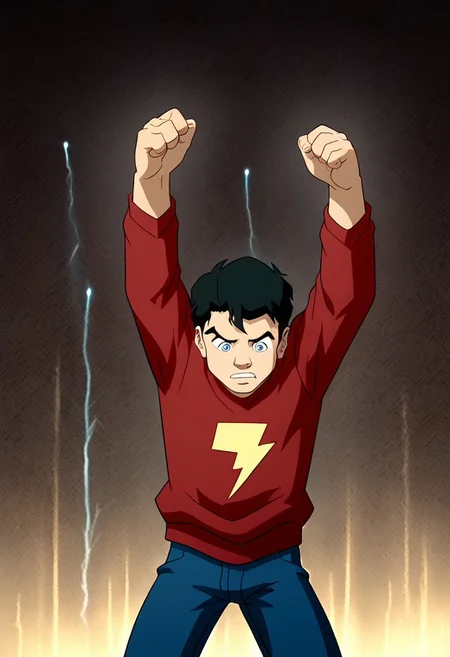 High Quality,  Billy batson,  solo, 1boy, black hair, blue eyes, red tshirt, bluejeans, young, transforming into Shazam, transformation, shine and lights around, arms raised, lightning in the background.small body.