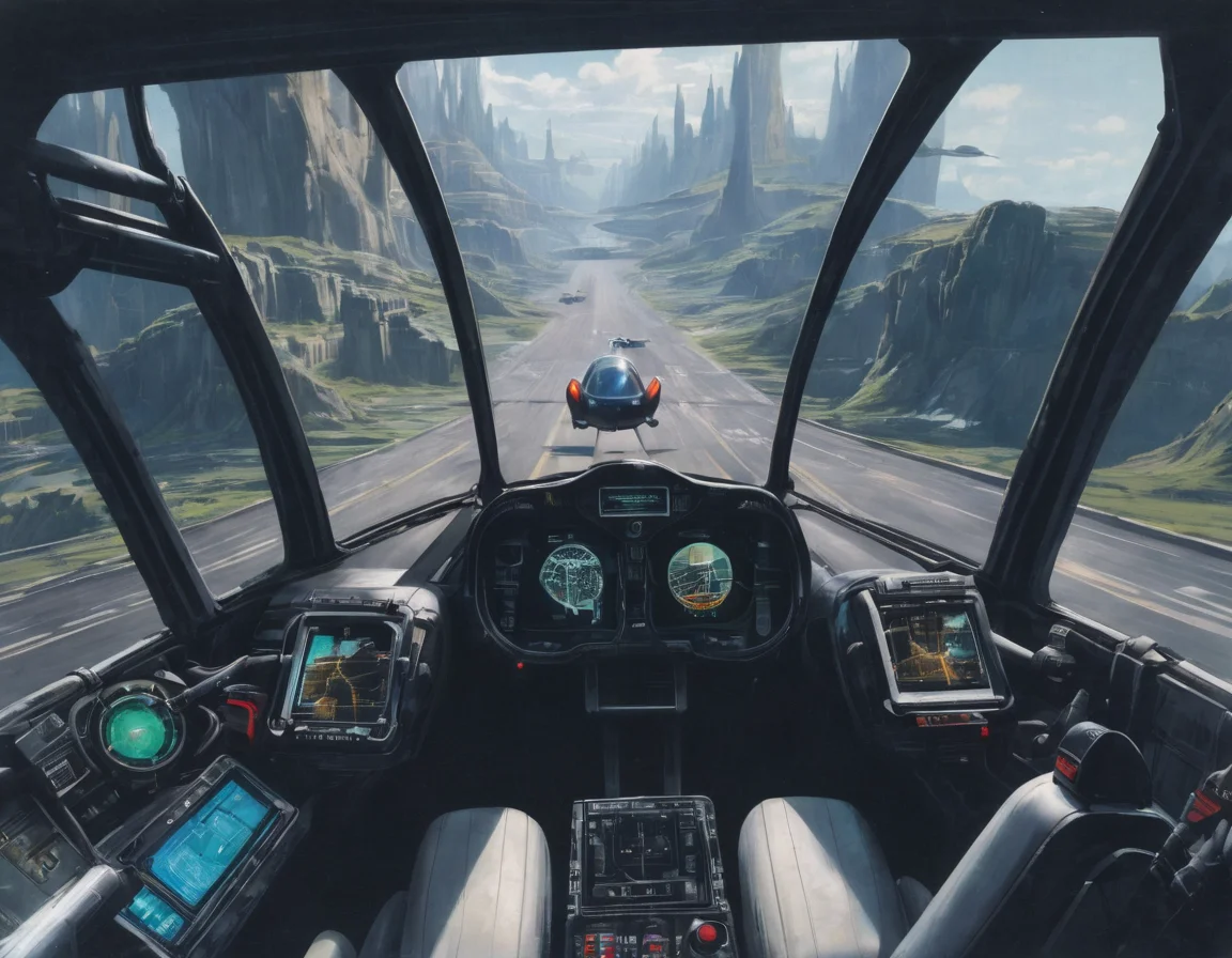 <lora:syme:0.4>syme, view from inside the cockpit of a flying car