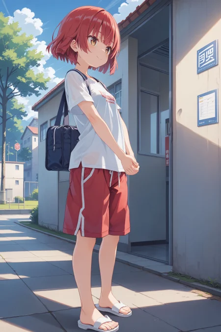score_max, (score_9, score_8_up, score_7_up:1.0), score_6_up, official art,
, masterpiece, absurdres, high detail, 8k,
school yard, school background, block ground, morning, blue sky,
standing, light smile, blush, own hands together,
, kurona, red hair, short hair, t-shirt, short shorts, red pants, small breasts, barefoot, sandals,
<lora:XL_Pony_game-galgun2-kurona-t1:0.9>