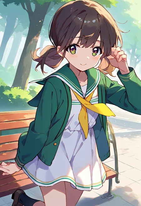 score_9,score_8_up,score_7_up,source_anime,zPDXL3,park,park bench,tree,
*//*,<lora:KatayamaMinami-v1.0-000002:1>,katayamaminami_wug,1girl,solo,brown eyes,brown hair,twintails,short twintails,bangs,black socks,white dress,short dress,shoes,brown footwear  loafers,sailor collar,green jacket,open clothes,clothing cutout,yellow neckerchief, 
*//*,looking at viewer,cowboy shot,dutch angle,dynamic pose,
