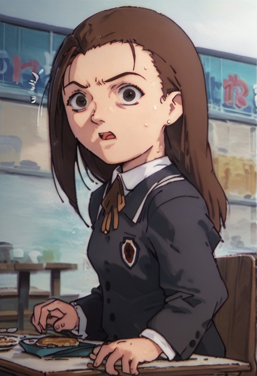 score_9, score_8_up, score_7_up, score_6, source_anime, iwakura mika, (((school uniform))), sitting at restaurant table, chibi, confused, lost, surprised, shocked, open mouth, side view, looking at viewer, sweating, empty restaurant room, empty restaurant background
