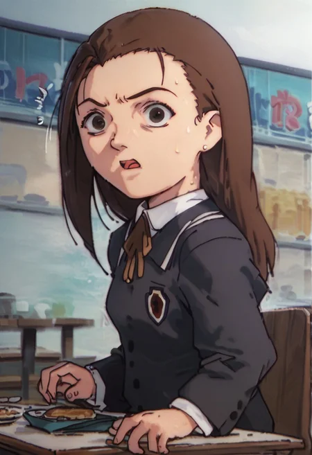 score_9, score_8_up, score_7_up, score_6, source_anime, iwakura mika, (((school uniform))), sitting at restaurant table, chibi, confused, lost, surprised, shocked, open mouth, side view, looking at viewer, sweating, empty restaurant room, empty restaurant background