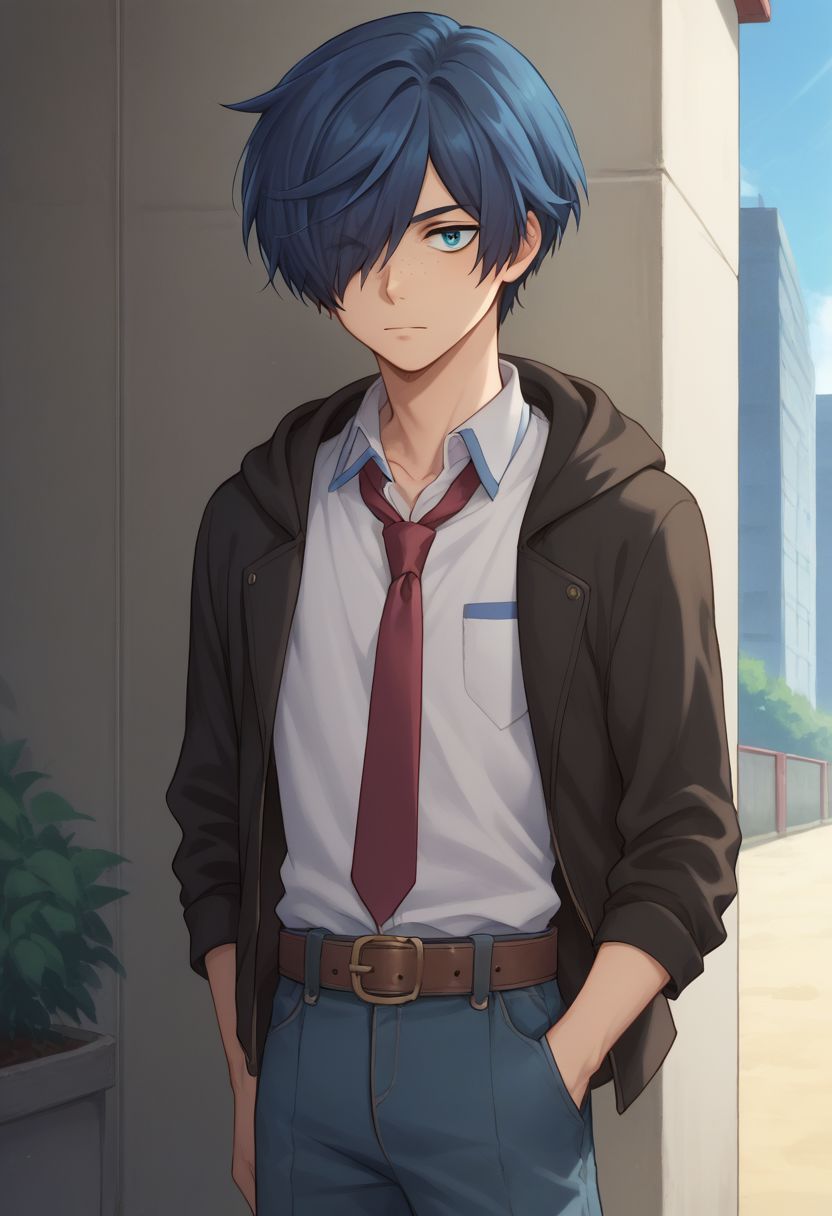 score_9, score_8_up, source_anime, highly detailed, 1boy, 
toi, 1boy, male focus, solo, blue eyes, blue hair, freckles, necktie, hair over one eye, belt, red necktie, upper body, pants, hood,
outdoor,