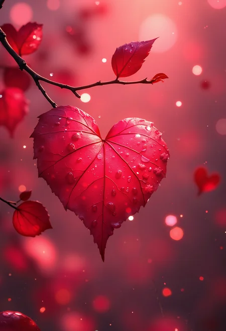 bo-romance, a digital artwork featuring a close-up of a heart-shaped leaf, the leaf is predominantly red with a glossy texture, indicative of autumn, and is glistening with water droplets, giving it a wet, almost wet appearance, the background is blurred, featuring a mix of pink and red hues, creating a dreamy, ethereal atmosphere, the leaves are arranged in a way that creates a sense of depth and texture, with some overlapping and some standing upright, the branch they are attached to is thin and brown, with a few twigs and leaves visible, the overall color palette is warm and inviting, with the red leaves standing out against the soft, blurred background, the lighting is soft and diffused, enhancing the ethereal quality of the scene, the texture of the leaf and the droplets on the leaf adds a romantic, almost romantic feel to the image, making it a captivating and visually striking piece of art<lora:boFLUX Romance Abyss.safetensors:1.0:1.0>