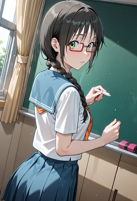 best quality, amazing quality, perfect quality, high quality, masterpiece, absolutely eye-catching BREAK
<lora:Over_Drive_-_Kaho_Asahi:1> OverDriveKaho, green eyes, black hair, long hair, twin braids, hair over shoulder, choppy bangs, red-framed eyewear, small breasts BREAK
white shirt, blue sailor collar, orange neckerchief, blue pleated skirt BREAK
indoors, classroom, chalkboard, window, curtain BREAK
1girl, solo, holding chalk, from behind, looking back, looking at viewer, dutch angle, cowboy shot, light particles