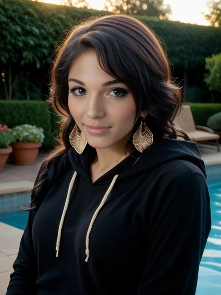 face focused, magic hour, photography, warm light, sunset, movie still, ultra detailed, portrait, BREAK
score_9, score_8_up, score_7_up, Jan3M4rie, Jane Marie, <lora:Jan3M4rie-pony:1>, solo, pool, 1girl, hoodie, black hair, outdoors, jewelry, realistic, bokeh, focus, film, velvia, film grain, best quality, photograph, focus, earrings, garden