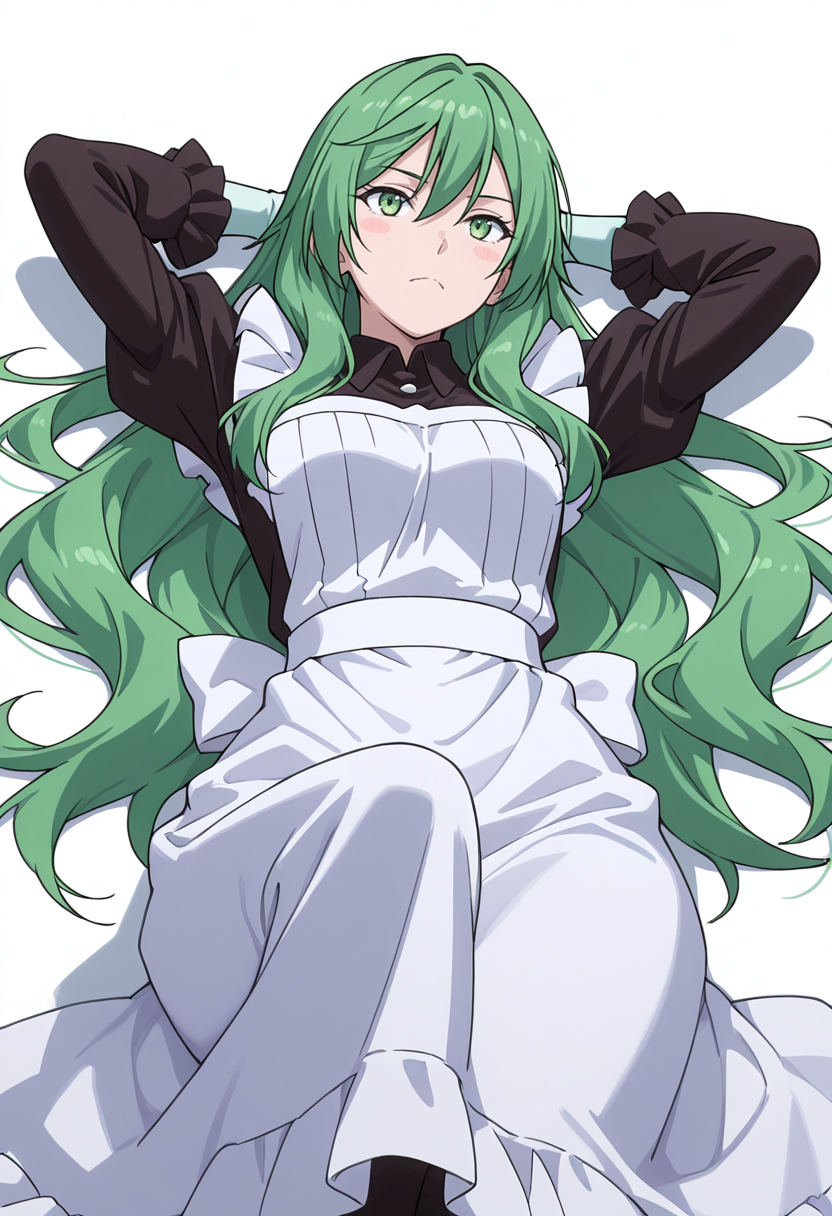 Smooth Quality,masterpiece,very intricate, high quality details, ultra realistic, high detailed skin,detailed enviorement,absurdres,
simple background, white background,solo,
lying down, hands behind head, one knee bent, relaxed expression, casual vibe,  ,from below,blush stickers,
 <lora:Misery_cnn:0.8> 1girl, green hair, green eyes, hair between eyes, frown, very long hair, sidelocks,dress, shirt,maid apron, puffy sleeves, long sleeves, juliet sleeves, enmaided,