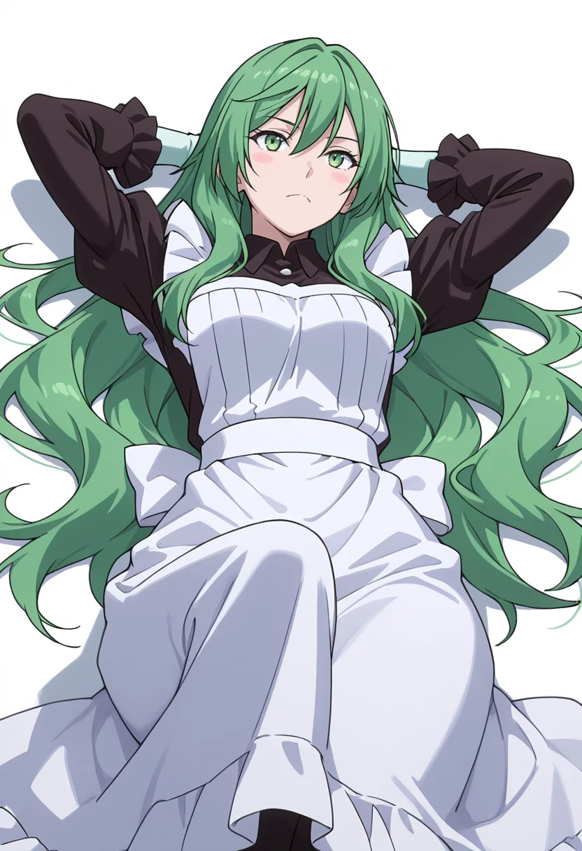 Smooth Quality,masterpiece,very intricate, high quality details, ultra realistic, high detailed skin,detailed enviorement,absurdres,
simple background, white background,solo,
lying down, hands behind head, one knee bent, relaxed expression, casual vibe,  ,from below,blush stickers,
 <lora:Misery_cnn:0.8> 1girl, green hair, green eyes, hair between eyes, frown, very long hair, sidelocks,dress, shirt,maid apron, puffy sleeves, long sleeves, juliet sleeves, enmaided,