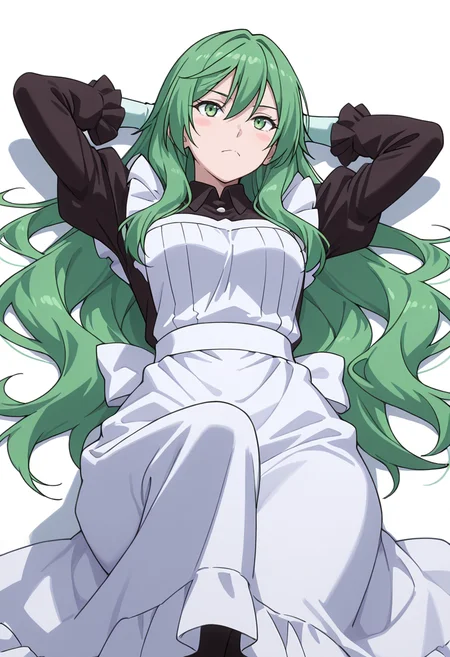 Smooth Quality,masterpiece,very intricate, high quality details, ultra realistic, high detailed skin,detailed enviorement,absurdres,
simple background, white background,solo,
lying down, hands behind head, one knee bent, relaxed expression, casual vibe, ,from below,blush stickers,
<lora:Misery_cnn:0.8> 1girl, green hair, green eyes, hair between eyes, frown, very long hair, sidelocks,dress, shirt,maid apron, puffy sleeves, long sleeves, juliet sleeves, enmaided,