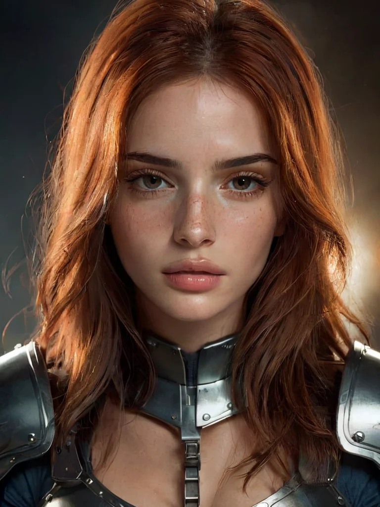 body shot, pretty woman, 4ng3l face, beautiful girl, full lips, wearing armor, brown eyes, brown brows, freckles, auburn hair, long hair, detailed skin, cinematic, great shading, moody lighting