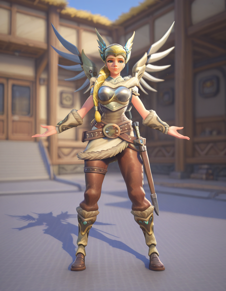 Masterpiece, high-res, 2k, best quality, 2.5d, 1girl, valkyrie mercy, mercy (overwatch) <lora:valk_mercy_illus-000043:1> Legs apart arms outstretched, Fairy tale village with whimsical cottages and friendly villagers.