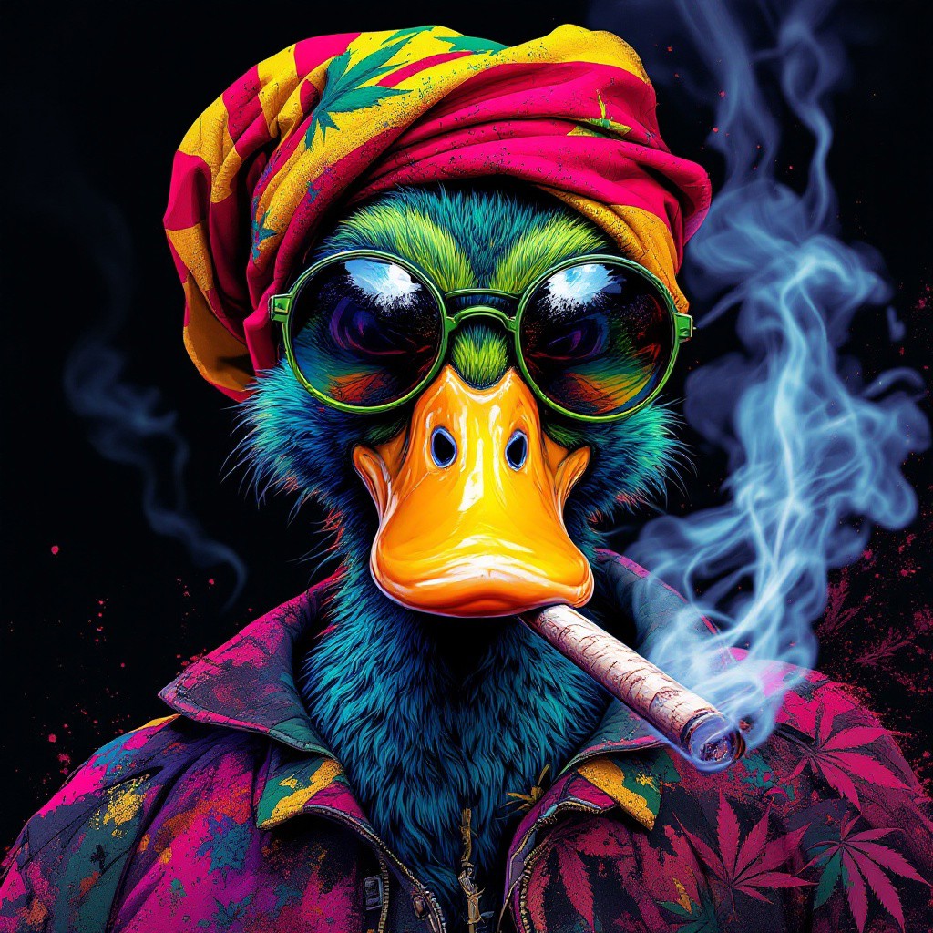 Comic Rebellion, retro pop art Portrait of a Rasta duck smoking a blunt , cybergoth, nu-goth, post apocolytic,  multicolor neon tones, wabi-sabi art, abstract, punk collage, urbanpunk, random textures, random graffiti strokes, Impermanence, vintage abstract composition, weed leaves, dynamic angles,  dynamic pose,  8k, ultra violet,  black background