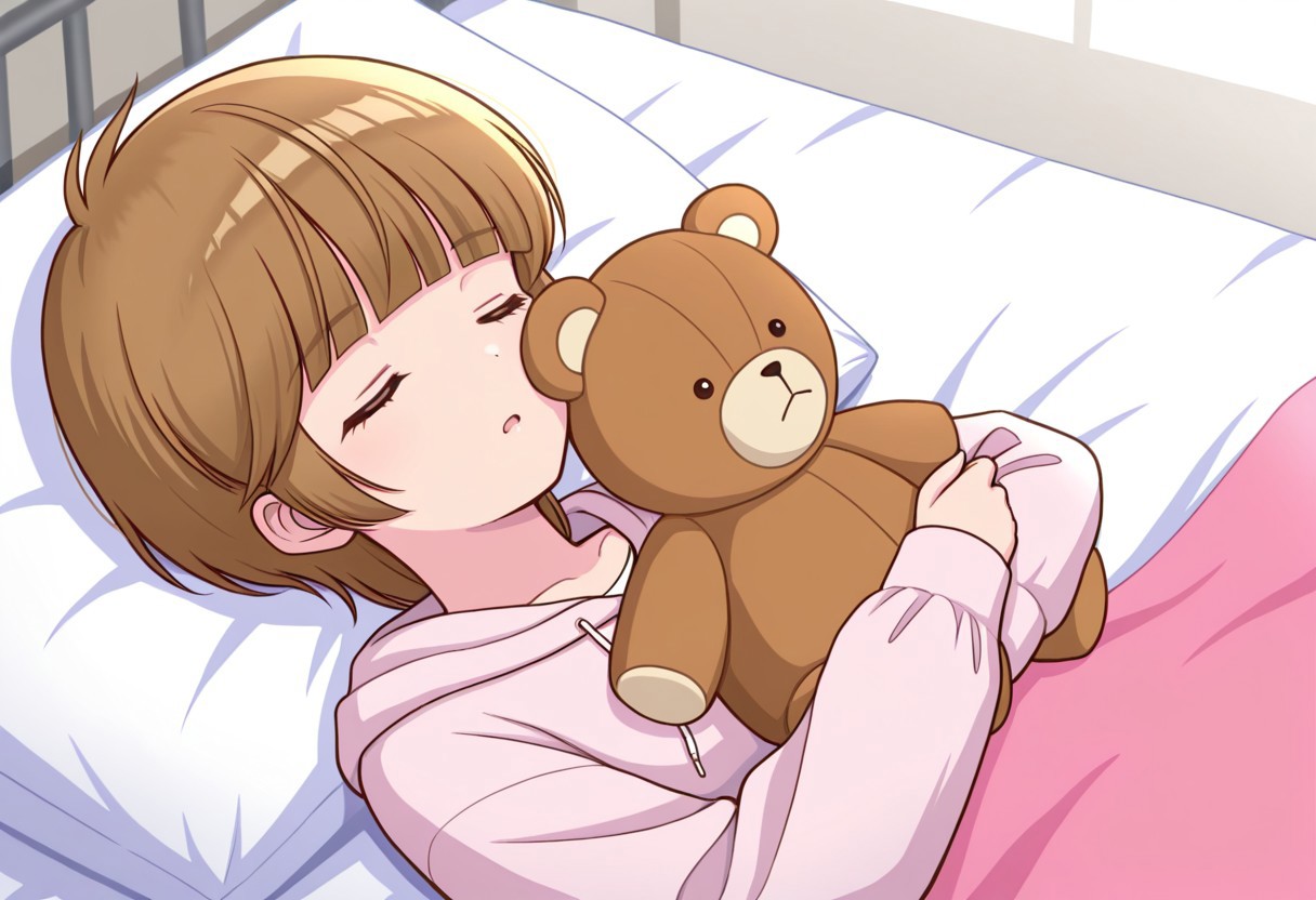 masterpiece, best quality, 32k, high resolution, absurdres, hiyama hikaru, sleeping, holding stuffed toy, holding teddy bear