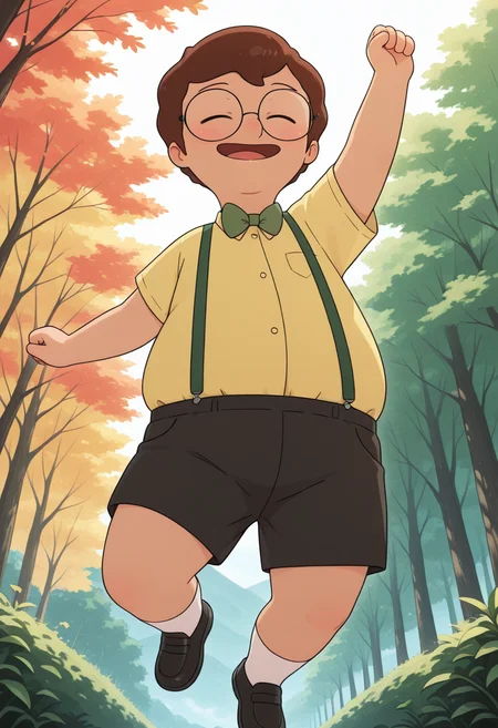 toon \(style\), BREAK ((masterpiece, colorful, detailed background, absurdres, amazing quality)), <lora:mrfrond-v5:0.75> (bb-mfyoung), glasses, 1boy, green suspenders, light yellow shirt, short_sleeves, green bowtie, black shorts, white socks, black shoes, young, plump:0.5, jumping, arm up, from below, closed eyes, nature,