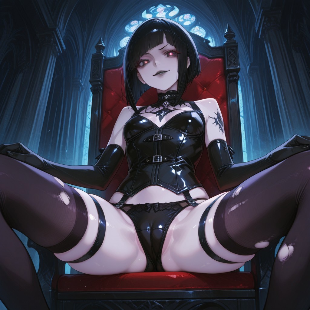 absurdres, masterpiece, best quality, very aesthetic, HDR, 8K, ultra-detailed, anime, 748cmstyle, inside, cathedral, from below, 
1girl, SadisTrix, solo, inverted bob hair, black hair, pale skin, black eyes, glowing eyes, tattoo, makeup, black lips, small breasts, gothic, elbow gloves, corset, torn thighhighs, thigh strap, panties, cameltoe, skindentation, shiny skin, dominant female, (skinny), looks at viewer, sitting at throne, spread legs, power pose, evil smile),