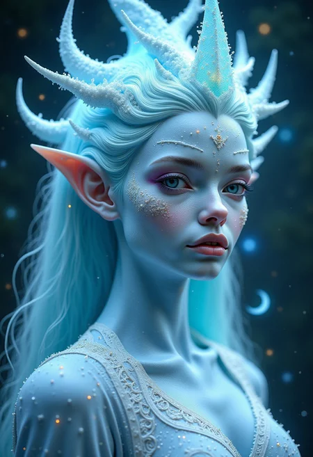 raw photo of an alien galaxy ruler women,blending light blue stardust and white hair,light blue skin,sharp thin ears,celestial astro beauty, galaxy, stars, crescent moon,realistic, intricate details, whimsical elements, exciting background,portrait ,looking at viewer