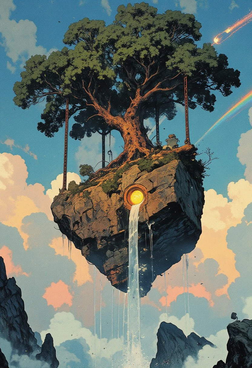 A lone, weathered flying rock hovers above a sea of clouds, its rugged surface anchored by three massive, ancient chains that emerge from the mist below, stretched taut as if holding the rock in place. The chains are thick and weathered, their links covered in moss and glowing faintly with ancient runes.
At the base of the rock, a glowing magical crystal protrudes, pulsating with energy. Growing from the rock is a majestic, centuries-old oak tree, its gnarled roots gripping the stone firmly. The oak is fully three-dimensional, with intricate bark texture and lush foliage that sways gently in the wind.
At the base of the oak, where its roots meet the rock, an elliptical portal is seamlessly embedded into the tree's trunk. The portal glows faintly with a soft, otherworldly light, and a continuous stream of water flows from it, cascading down the rock and forming a waterfall. The water disperses into mist as it meets the wind, creating a shimmering rainbow under the sunlight.
The sky above is a brilliant blue, dotted with puffy white clouds, while the horizon is streaked with the fiery trail of a dark, blazing comet. The scene is a blend of surreal fantasy and natural beauty, where the boundaries between reality and imagination blur. The viewer is drawn into this world of wonder, where the ethereal and the majestic coexist in perfect harmony.