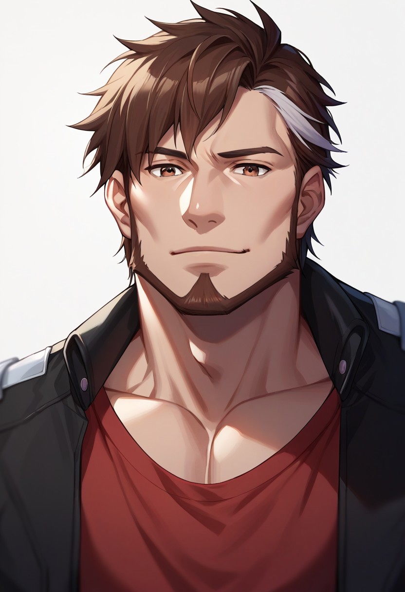 score_9, score_8_up, score_7_up, score_6_up, source_anime\(Macross Δ\), perfect anatomy, perfect proportions, best quality, masterpiece, high-resolution, high quality, aesthetic, absurdres, (male focus), solo male, Arad Mölders , brown hair, two-tone hair, streaked hair, sideburns, brown eyes, facial hair, chinstrap beard, jawline beard, red undershirt, complete black jacket, open jacket, adult, mature, masculine, manly, handsome, charming, alluring, upper body, dutch angle, portrait, headshot, close-upboy shot, from below, feet out of frame