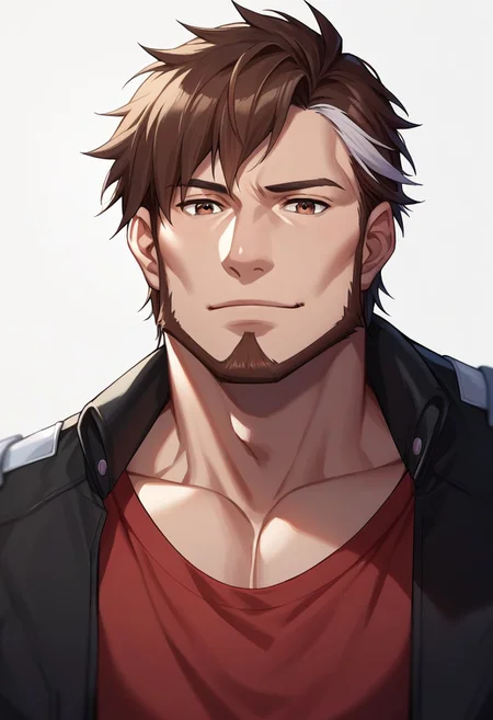 score_9, score_8_up, score_7_up, score_6_up, source_anime\(Macross Δ\), perfect anatomy, perfect proportions, best quality, masterpiece, high-resolution, high quality, aesthetic, absurdres, (male focus), solo male, Arad Mölders , brown hair, two-tone hair, streaked hair, sideburns, brown eyes, facial hair, chinstrap beard, jawline beard, red undershirt, complete black jacket, open jacket, adult, mature, masculine, manly, handsome, charming, alluring, upper body, dutch angle, portrait, headshot, close-upboy shot, from below, feet out of frame