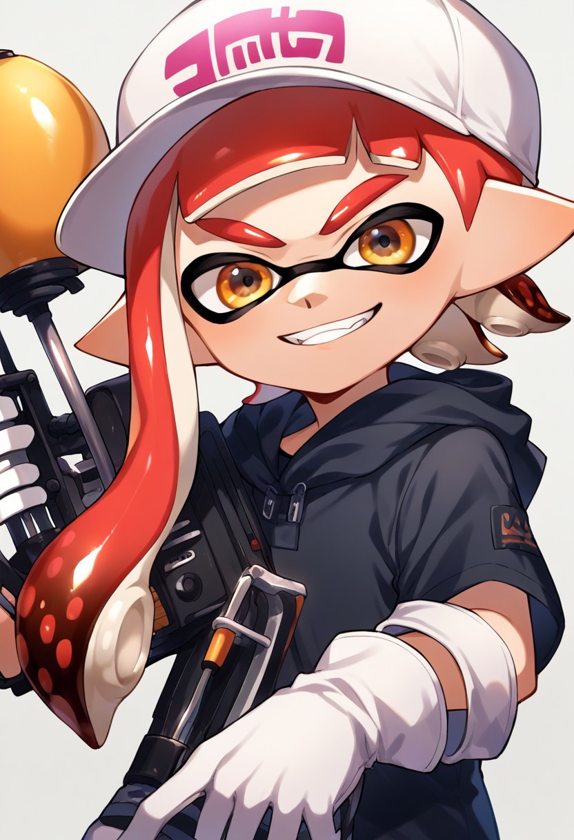 score_9, score_8, score_7, source_anime, inkling boy, solo, white footwear, closed mouth, baseball cap, gloves, dark-skinned male, ink tank (splatoon), upper body, hood, grin