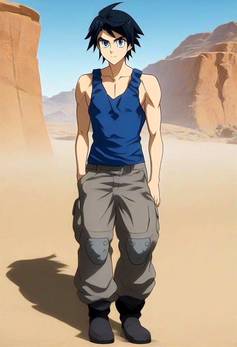 ((masterpiece)), ((best quality)), ((ultra-detailed)), ((absurdres)), score_9_up, score_8_up, score_7_up,
HD, top quality, best quality, amazing quality, High-quality illustrations, anime screencap, source_anime, best aesthetic, perfect proportions, perfect eyes, 1boy, 1male, solo boy, solo male, male focus, solo male focus, Anime, boy, male anime character, anime boy, handsome, cute, charming, sexy, good-looking, Mikazuki Augus, black hair, blue eyes, ((blue tank top)), gray pants, baggy pants, knee pads, boots, ((lean body, slim body)), ((short body, short height)), ((front view, front shot, facing front, view from the front)), ((full body shot, head to feet shot)), ((standing)), ((desert plains background, dry plains background, rocky place background)), easynegative, updn, Expressiveh, masterpiece, best quality, very aesthetic, absurdres