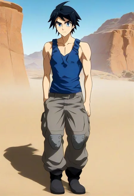((masterpiece)), ((best quality)), ((ultra-detailed)), ((absurdres)), score_9_up, score_8_up, score_7_up,
HD, top quality, best quality, amazing quality, High-quality illustrations, anime screencap, source_anime, best aesthetic, perfect proportions, perfect eyes, 1boy, 1male, solo boy, solo male, male focus, solo male focus, Anime, boy, male anime character, anime boy, handsome, cute, charming, sexy, good-looking, Mikazuki Augus, black hair, blue eyes, ((blue tank top)), gray pants, baggy pants, knee pads, boots, ((lean body, slim body)), ((short body, short height)), ((front view, front shot, facing front, view from the front)), ((full body shot, head to feet shot)), ((standing)), ((desert plains background, dry plains background, rocky place background)), easynegative, updn, Expressiveh, masterpiece, best quality, very aesthetic, absurdres
